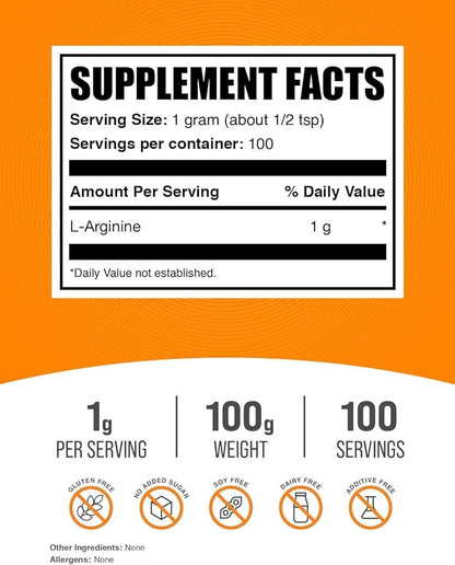 BulkSupplements.com L-Arginine Powder - Arginine 1000mg, Arginine Supplement - Nitric Oxide Supplement, Unflavored & Gluten Free, 1000mg per Serving, 100g (3.5 oz) (Pack of 1)