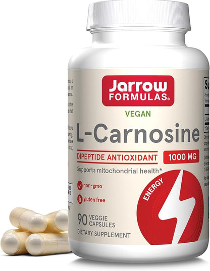Jarrow Formulas L-Carnosine Dipeptide Antioxidant 1000 mg, Dietary Supplement, Antioxidant Support for Mitochondrial Health, 90 Veggie Capsules, Up to 45 Day Supply