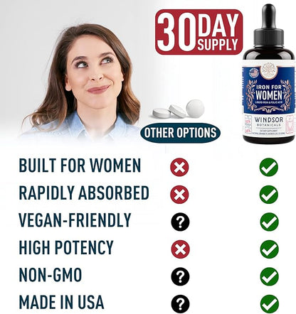 WINDSOR BOTANICALS Liquid Iron Supplements for Anemia - Folic Acid, Vitamin C, Vegan Iron Blood Builder and Anemia Supplement - 2 oz Orange Flavor Gentle Iron Drops for Women