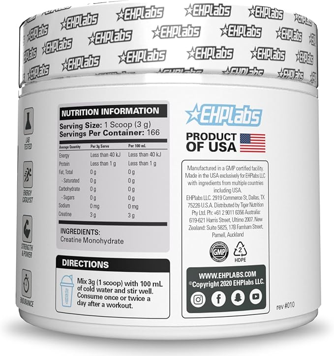 EHP Labs CREA-8 Micronized Creatine Monohydrate Powder - Creatine Powder for Muscle Growth, Increased Strength, Enhanced Energy Output and Improved Performance, Unflavored - 100 Servings (500g)