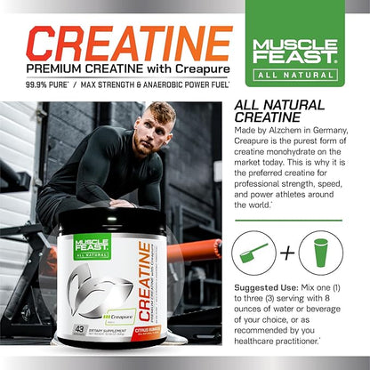 Muscle Feast Creapure Creatine Monohydrate Powder, Vegan Keto Gluten-Free, All Natural No Artificial Ingredients, Citrus Sunrise, 300g