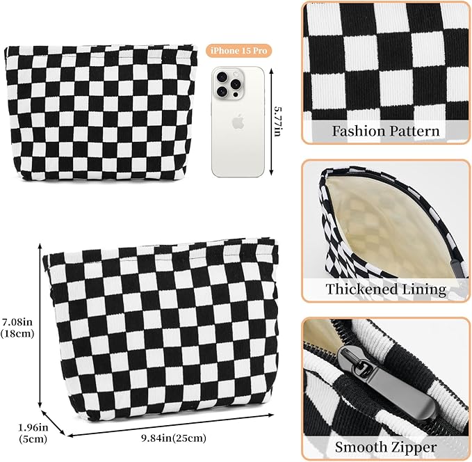 WOZEAH Corduroy Makeup Bag for Purse Small Cosmetic Pouch,Stylish Zipper Make up Pouch Travel Canvas Toiletry Bags(Black Checkered)