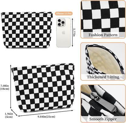 WOZEAH Corduroy Makeup Bag for Purse Small Cosmetic Pouch,Stylish Zipper Make up Pouch Travel Canvas Toiletry Bags(Black Checkered)