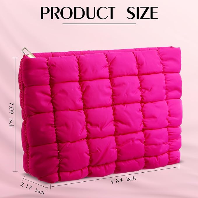 Hillban Puffy Quilted Makeup Bag Quilted Cosmetic Bag Cute Puffer Toiletry Checkered Pouch Aesthetic Travel Makeup Brushes Organizer(Rose Red,Classic)