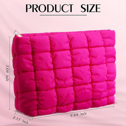 Hillban Puffy Quilted Makeup Bag Quilted Cosmetic Bag Cute Puffer Toiletry Checkered Pouch Aesthetic Travel Makeup Brushes Organizer(Rose Red,Classic)