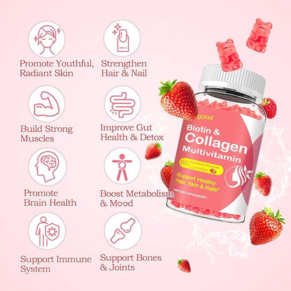 2 Pack Collagen Gummies for Women Men, 2500mg Protein Type I,II,III,V,X with 15000mcg Biotin, Keratin, Vitamin C A B6 B12 D E for Skin Hair Nails & Joints, Immunity Energy Digestion
