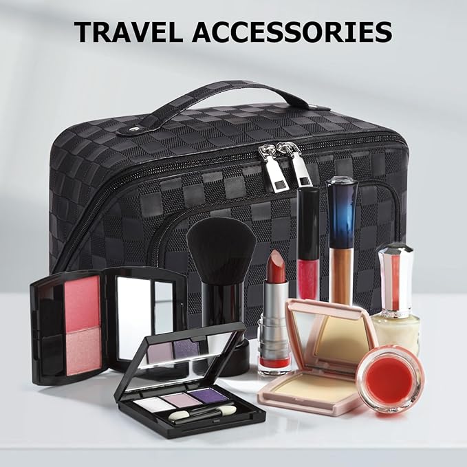 Travel Makeup Bag, Large Capacity Cosmetic Bags for Women, Waterproof Lining and PU Leather Portable Pouch, Open Flat Toiletry Bag, Make up Organizer with Divider & Handle (Black)