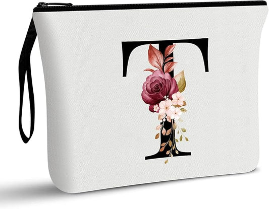 Vavabox A-Z Personalized Makeup Bag, Birthday Gifts for Women Mom, Gifts for Best Friend, Bride Bridesmaid Cosmetic bag (T, White)