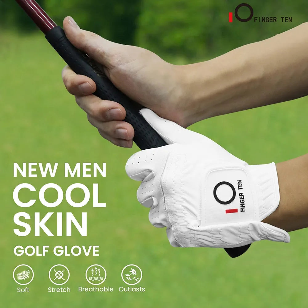 FINGER TEN Golf Gloves Men Left Hand Rain Grip Glove for Right Handed Golfer Value 3 Pack, All Weather Durable Grip Size Small Medium Large XL White Black Blue