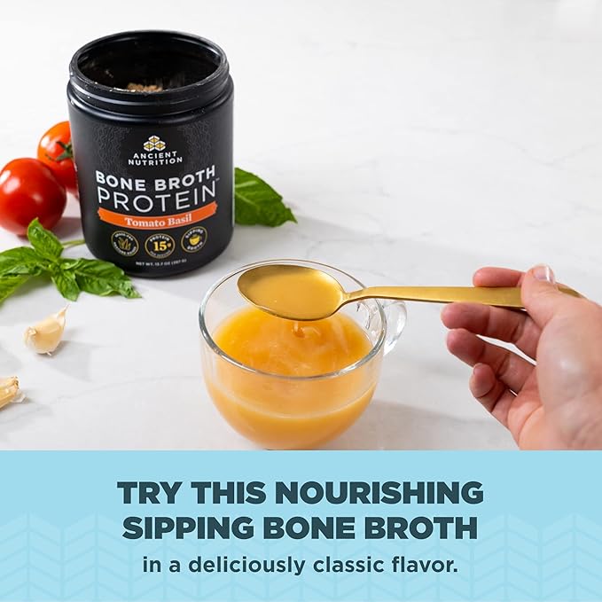 Ancient Nutrition Bone Broth Protein Powder, Tomato Basil, Grass-Fed Chicken and Beef Bone Broth Powder, 15g Protein Per Serving, Supports a Healthy Gut, 15 Servings