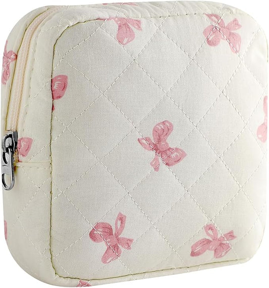 Small Quilted Cotton Makeup Bag for Purse, Cosmetic Bag with Compartments, Cotton Aesthetic Makeup Bag, Travel Toiletry Pouch, Lipstick Bag Card Holder Data Cable Organizer (08White Pink Bow)