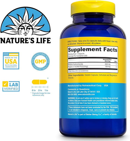 NATURE'S LIFE Betaine HCL with Pepsin - Digestive Health Formula with Digestive Enzymes for Gut Health Support - High Potency Hydrochloric Acid Supplement, 60-Day Guarantee, 250 Servings, 250 Capsules