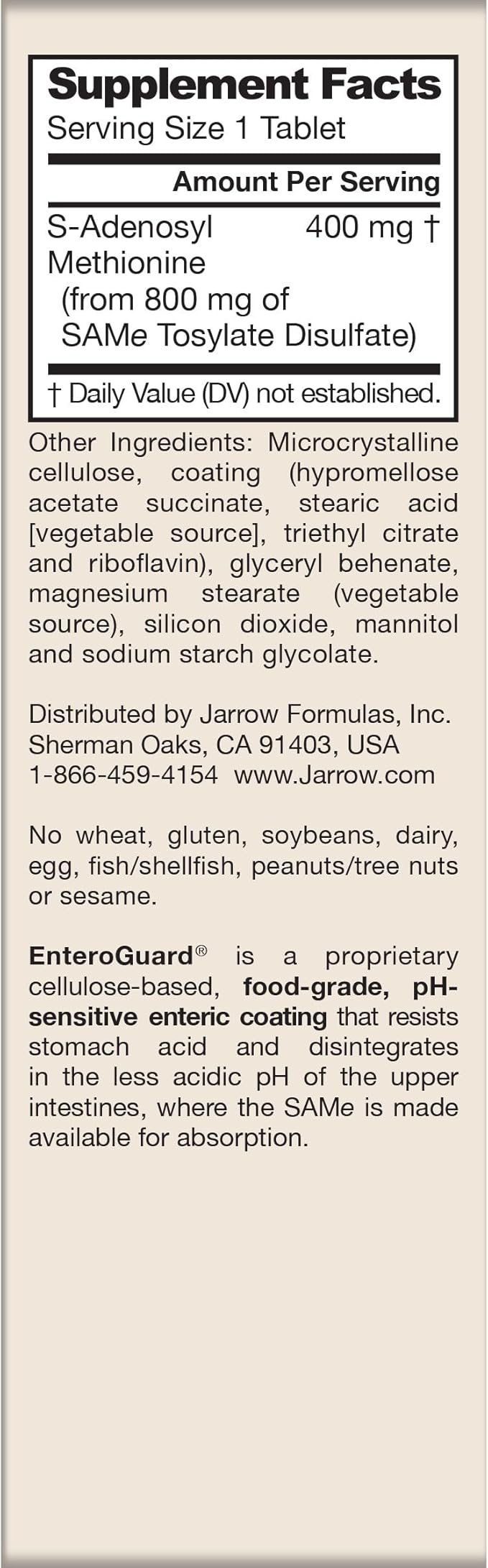 Jarrow Formulas SAMe 400 mg, Supports Joint Health, Liver Function, Brain Metabolism, 30 Tablets, Up To a 30 Day Supply