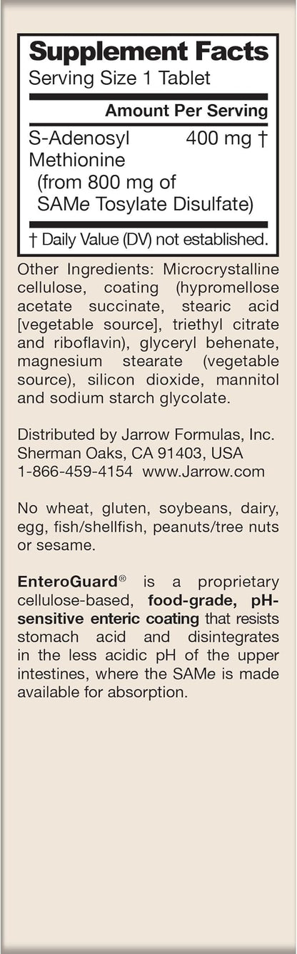 Jarrow Formulas SAMe 400 mg, Supports Joint Health, Liver Function, Brain Metabolism, 30 Tablets, Up To a 30 Day Supply
