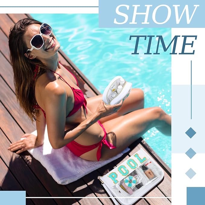 Hillban 2 Pcs Pool Bag Makeup Cosmetic Bag Clear Sunscreen Toiletry Zipper Pouch Beach Travel Summer Stuff Preppy Chenille Letter Patch Pouch PVC Waterproof Organizer Storage Mini Bogg Purse for Women