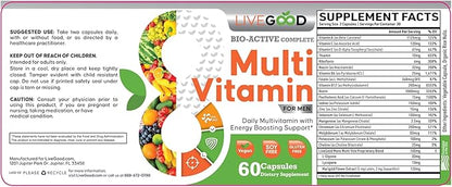 LiveGood™ Men's Bio-Active Complete Multivitamin, Daily Supplement with Vitamin A, B12, C, E, Lycopene, Vegan, 60 Capsules