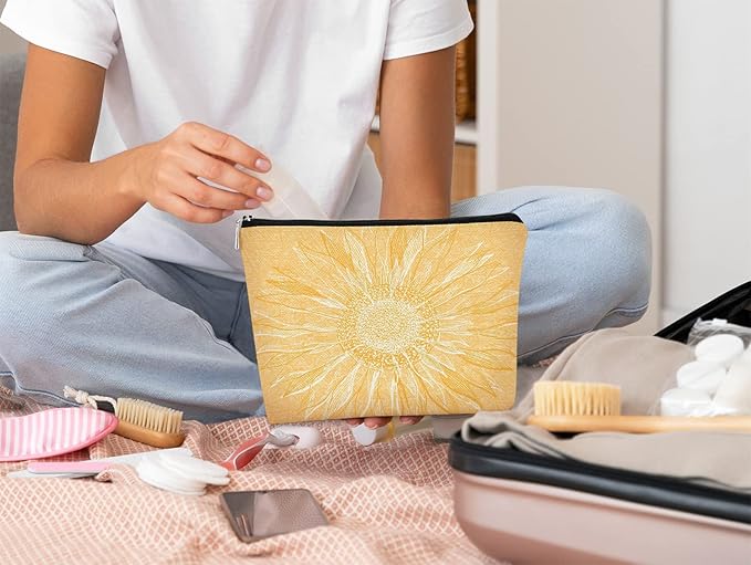 Yellow Sunflowers Line Art Makeup Bag,Spring Summer Flower Cosmetic Bag Best Gift Idea for Teen Girls Women,Birthday Christmas Gifts for Girls Women Daughter Sister