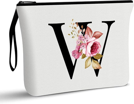 Vavabox A-Z Personalized Makeup Bag, Birthday Gifts for Women Mom, Gifts for Best Friend, Bride Bridesmaid Cosmetic bag (W, White)