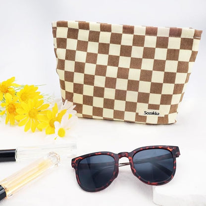 ZLFSRQ Checkered Makeup Bag for Women Large Capacity Brown Travel Cosmetic Bag Set Makeup Pouch for Purse Zipper Toiletry Organizer Cute Y2K Aesthetic Trendy Adults Zipper Skincare Storage Organizer