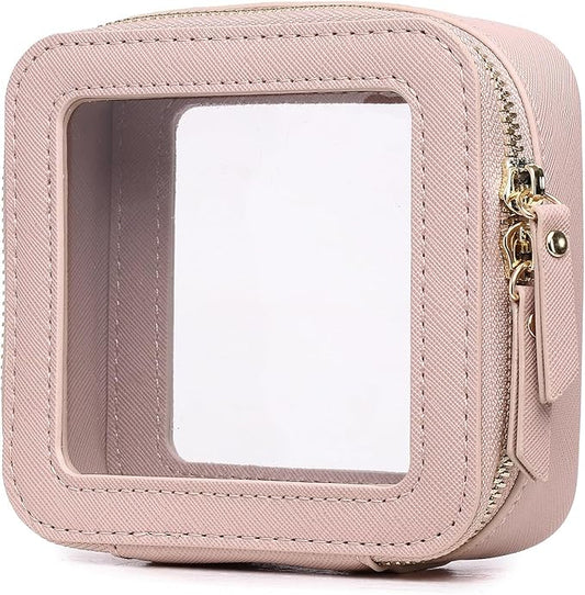 Small Makeup Bag Mini Clear Cosmetic Makeup Case & Toiletry Bag with Zipper Women's Purse Organizer & Car Essentials (Pink, MINI-3)