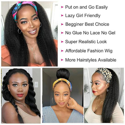 Headband Wigs Human Hair 180% Density 12A Kinky Straight Human Hair Headband Wigs For Black Women Yaki Straight Human Hair Wigs With Headband Attached Half Wig Natural Black Color 28 Inch