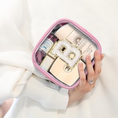 LETGO Mini Initial Makeup Bag | Preppy Makeup Bag | Clear Makeup Bag | Travel Essentials Gifts for Women Teen Girlfriend Teacher Brithday Gifts | Clear Toiletry Bag Small Mini Cosmetic Bag (Pink, B)