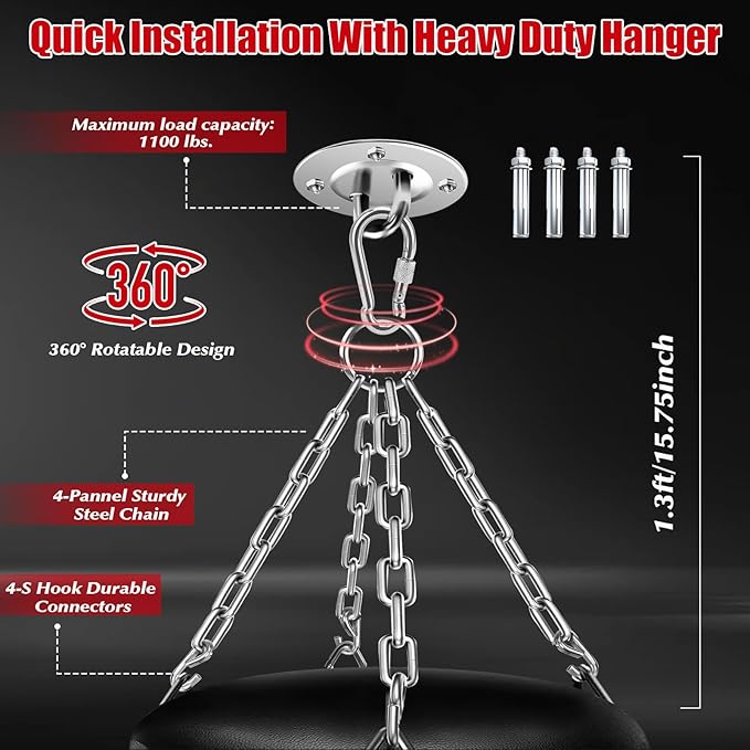Hanging Punching Bag for Adults, 4ft PU Leather Heavy Boxing Bag Set, Hanging Bag Boxing Equipment for MMA Karate Kickboxing Boxing Home Gym, Unfilled