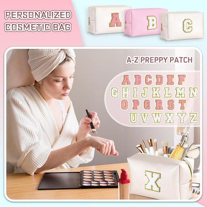 TOPEAST Cosmetic Travel Bags for Women, Preppy Small Makeup Bag, PU Leather Waterproof Toiletry Bag, Unique Friendship Gifts for Friends Coworker, Cute Stuff for Girls (White R)