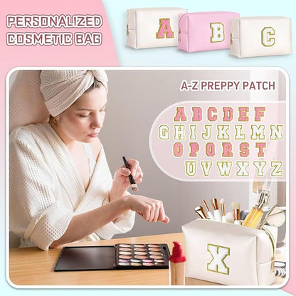 TOPEAST Cosmetic Travel Bags for Women, Preppy Small Makeup Bag, PU Leather Waterproof Toiletry Bag, Unique Friendship Gifts for Friends Coworker, Cute Stuff for Girls (White R)