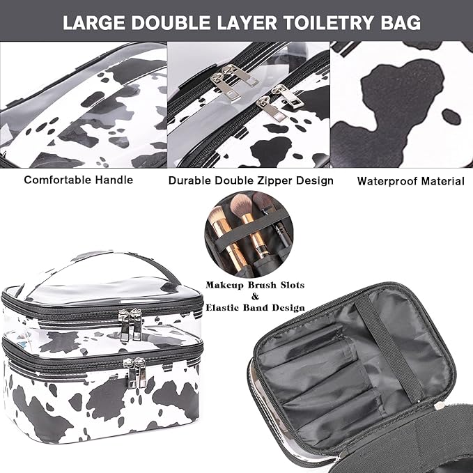 FITINI 3 Pieces Makeup Bags Double Layer Travel Large White Cows Cosmetic Cases Organizer Toiletry Bags Waterproof Small Zipper Pouch for Women Makeup Brush Storage Bag
