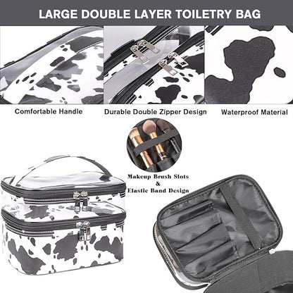 FITINI 3 Pieces Makeup Bags Double Layer Travel Large White Cows Cosmetic Cases Organizer Toiletry Bags Waterproof Small Zipper Pouch for Women Makeup Brush Storage Bag