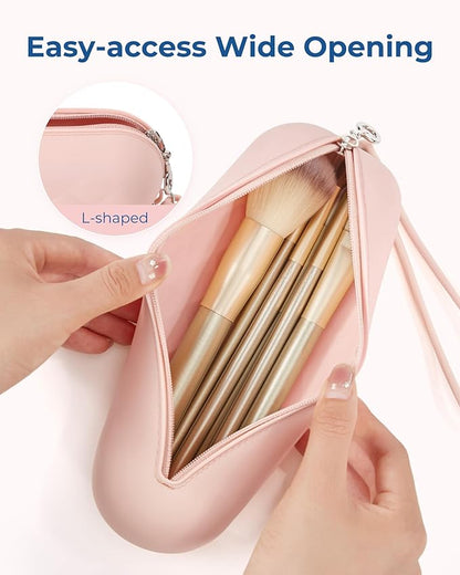 BAGSMART Makeup Brush Holder Bag with Metal Zipper Closure, Travel Make Up Brush Case Cosmetic Bag, Silicone Soft Portable Face Brushes Travel Essentials Organizer Holder, White