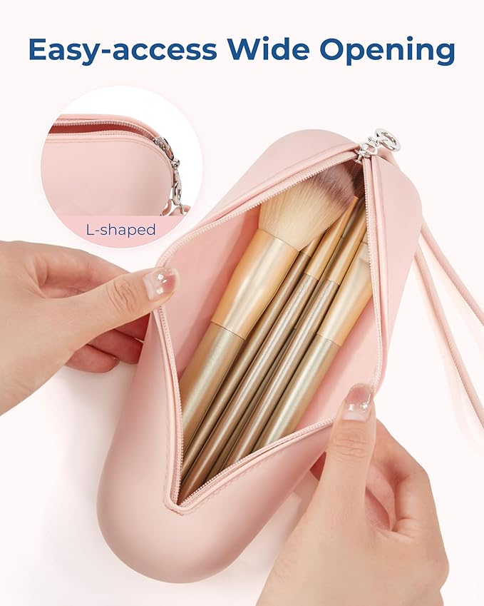 BAGSMART Travel Makeup Brush Holder Bag with Metal Zipper Closure, Travel Makeup Brush Case Cosmetic Bag, Silicone Soft Portable Face Brushes Travel Essentials Organizer Holder, Pink