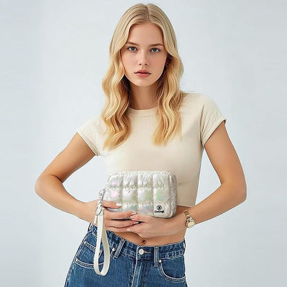 Quilted Cosmetic Bag, Puffer Makeup Bags, Crossbody Purses for women,Cute Travel Toiletry Bag for Women (Dazzling White)