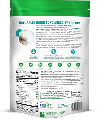 BioTrust Low Carb Lite, Low Calorie Protein Powder – Low Carb, Sugar Free, Low Sodium, Keto Protein Powder – 20g Grass-Fed Whey Protein Isolate with Digestive Enzymes – Unflavored, 14 Servings