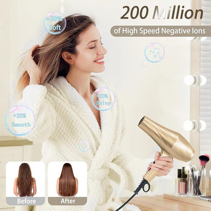 Ionic Hair Dryer,2400W Negative Ion Low Noise Hair Dryer Professional Fast Drying Hair Dryer with 2 Speeds, 3 Heat Settings, Cooling Button,with Diffuser for Curly and Straight Hair（Champagne Gold）