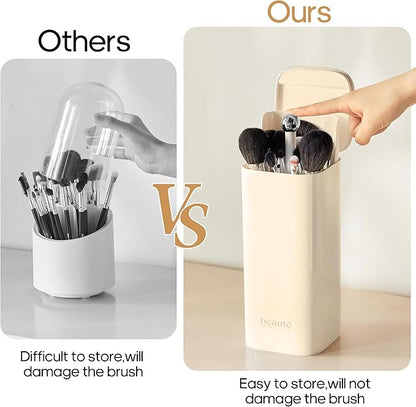 Makeup Brush Holder with Lid,One Touch Open 4 Slot Makeup Brush Case with Waterproof Dustproof,Brushes Storage Holder for Vanity, Dresser, Desk (Cream white)