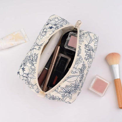 Quilted Makeup Bag,Small Travel Floral Cosmetic Bag Cute Pouch,Cotton Makeup Brushes Storage Bag for Women
