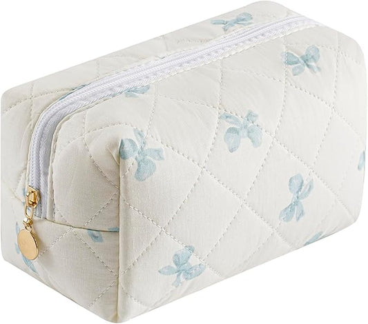 Quilted Cotton Makeup Bag Travel Cosmetic Bag for Women Girls, Zipper Make Up Pouch, Bow Pattern Toiletry Organizer Makeup, Portable Storage Bag (Blue Bow Tie)