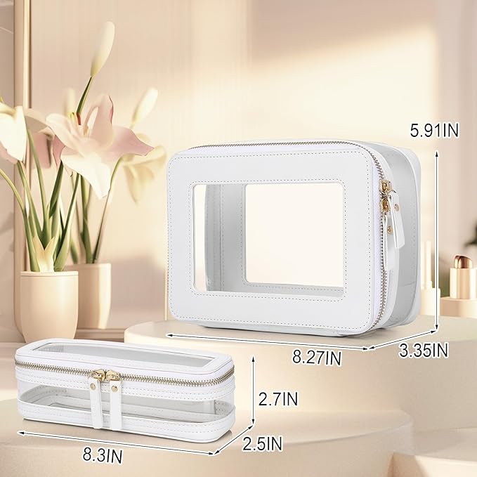 Travel Clear Makeup Bag with Brush Case TSA Approved Toiletry Bag Waterproof Cosmetic Organizer Car Essential for Women (White, M+SLIM)