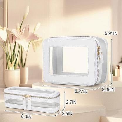 Travel Clear Makeup Bag with Brush Case TSA Approved Toiletry Bag Waterproof Cosmetic Organizer Car Essential for Women (White, M+SLIM)