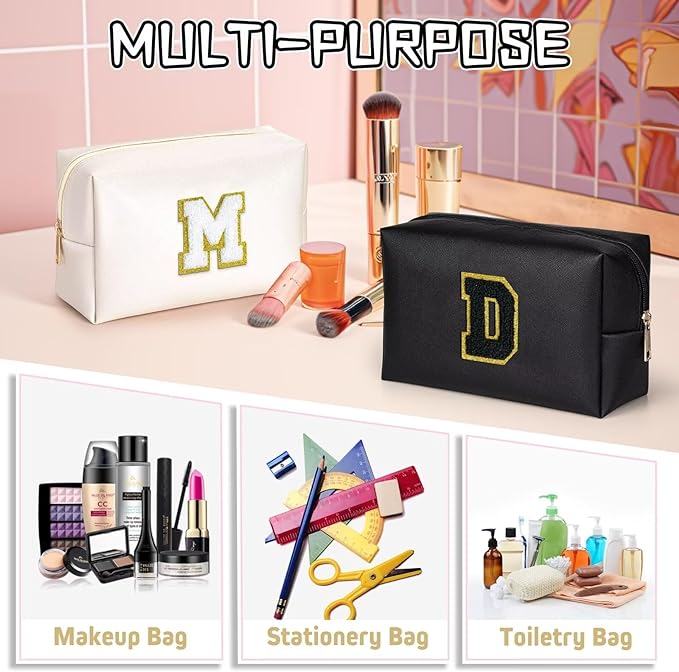 TOPEAST Preppy Makeup Bag, Small Cosmetic Travel Bags for Women, PU Leather Waterproof Toiletry Bag with Zipper, Personalized Birthday Gift for Women Girl, Preppy Gifts for Girl (Black Y)