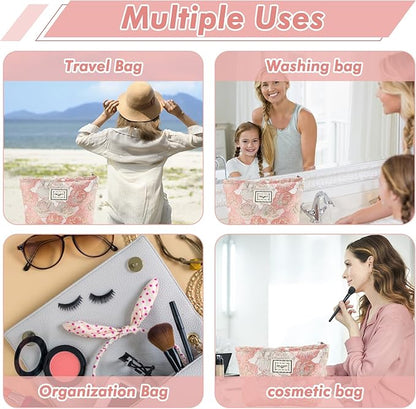 Rose Flower Makeup Bag Travel Large Cosmetic Bag for Women Cute Makeup Pouch Zipper Cosmetic Pouch for Purse Jacquard Aesthetic Pink Floral Make up Organizer Bag Portable Toiletry Bag