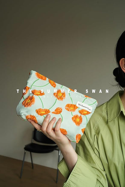 Summer Swan | Large Floral Mid-day Clutch | Period Kit & Hygiene Bag | Skincare Bag | Cute Color Block Floral Orange