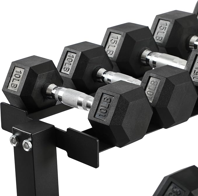 HolaHatha 10, 15, 20, 25, and 35 Pound Rubber Encased Hexagon Non Slip Dumbbell Weight Set with Rack for Various Strength Training Workouts, Black