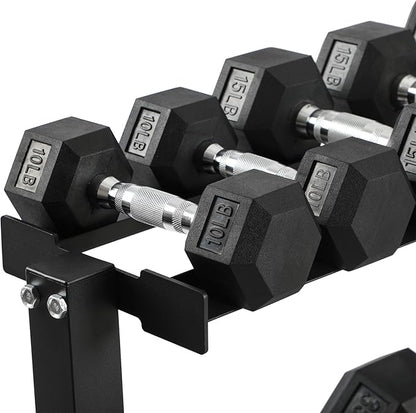 HolaHatha 10, 15, 20, 25, and 35 Pound Rubber Encased Hexagon Non Slip Dumbbell Weight Set with Rack for Various Strength Training Workouts, Black