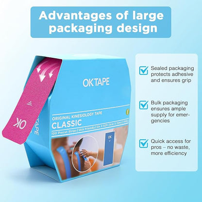 OK TAPE Kinesiology Tape Pre Cut Strips Bulk (150 PCS),Elastic Cotton Latex Free Hypoallergenic Athletic Tape Roll for Muscle Joint Knee,Waterproof k Tape 2in×10in/PCS