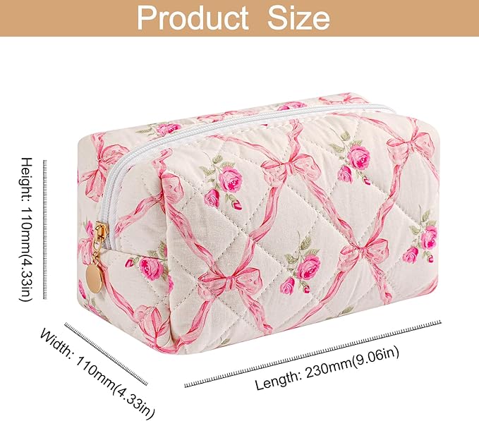 Quilted Cotton Makeup Bag Travel Cosmetic Bag for Women Girls, Zipper Make Up Pouch, Bow Pattern Toiletry Organizer Makeup, Portable Storage Bag (Pink Bowknot+Blue Bowknot)