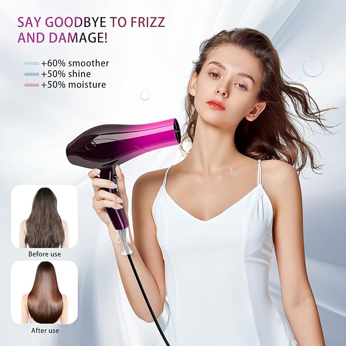 Ionic Hair Dryer,2400W Negative Ion Low Noise Hair Dryer Professional Fast Drying Hair Dryer with 2 Speeds, 3 Heat Settings, Cooling Button,with Diffuser for Curly and Straight Hair（Crimson Fade）