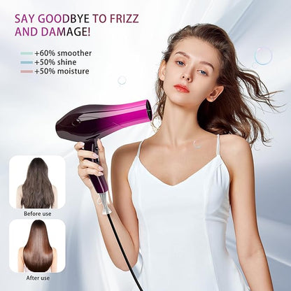 Ionic Hair Dryer,2400W Negative Ion Low Noise Hair Dryer Professional Fast Drying Hair Dryer with 2 Speeds, 3 Heat Settings, Cooling Button,with Diffuser for Curly and Straight Hair（Crimson Fade）